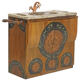 CUSTOM MOROCCAN FOSSIL-TOP & COPPER REPOUSSE WET BAR/ SINK CABINET