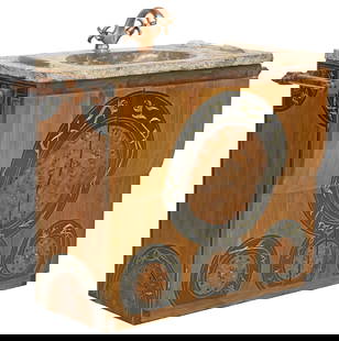 CUSTOM MOROCCAN FOSSIL-TOP & COPPER REPOUSSE WET BAR/ SINK CABINET: Custom Moroccan inlaid wood wet bar/ sink cabinet, having fossil slab top featuring protruding trilobites&nbsp;and ammonites, shallow ovular basin, with copper faucet and hardware,&nbsp;hanging rod at