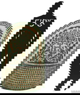 LARGE MOROCCAN CERAMIC TILE MOSAIC WALL FOUNTAIN, 52"H: Moroccan ceramic tile mosaic wall fountain, 21st c., iron-framed arched backboard with geometric border, pair of peacocks on either side of a scrolling tree, brass spout over demilune basin with protr