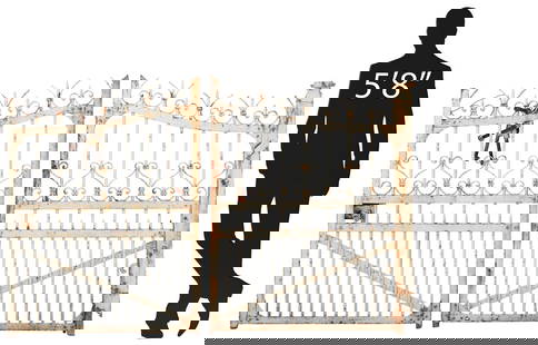 (2) FRENCH ARCHITECTURAL WROUGHT IRON GARDEN GATES, 53.5"H: (pair) French architectural wrought iron garden gates, each having&nbsp;scroll motifs interspersed with vertical rods, in an oxidized white painted finish, one with stamped manufacturer&#39;s label in