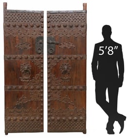 (2) ARCHITECTURAL CHINESE IRON-MOUNTED HARDWOOD DOORS, 85"H