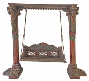 ARCHITECTURAL CARVED & PAINTED JHULA/ CANOPY GARDEN SWING, INDIA