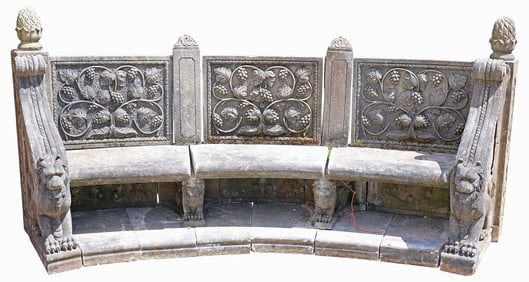 EXTRAORDINARY SCOTTISH ESTATE STONE WINGED LION GARDEN BENCH, 114"L