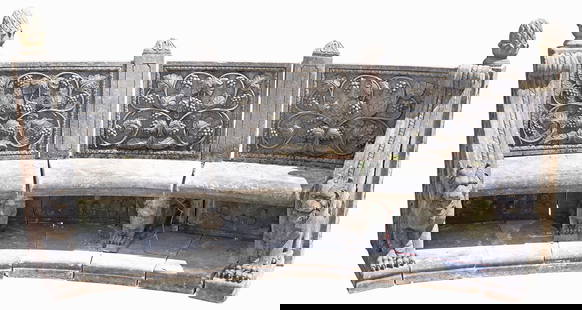 EXTRAORDINARY SCOTTISH ESTATE STONE WINGED LION GARDEN BENCH, 114"L: Extraordinary British carved stone garden seat/ bench, believed to be&nbsp;Portland stone (limestone), a pair of sizable pineapple finials surmount three full-height back panels carved in relief with
