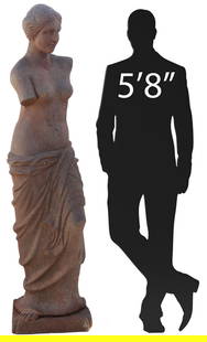 LIFE-SIZE CAST IRON HOLLOW FIGURE OF VENUS: Life-size cast iron hollow figure of Venus, depicting a draped maiden, on shaped square base, intact with crack to side, heavily oxidized, approx 69&quot;h, 18&quot;w, 16&quot;d
