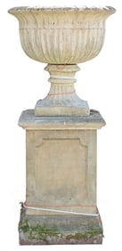 CAST STONE GARDEN URN ON PLINTH, 25.25"DIAM