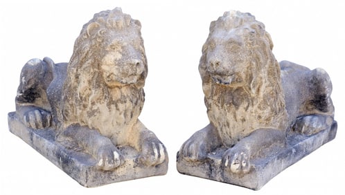 (2) CAST STONE GARDEN STATUARY, RECUMBENT LIONS
