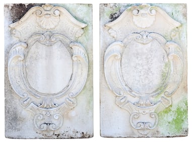 (2) CAST STONE CARTOUCHE/ SHIELD GARDEN RELIEF PLAQUES