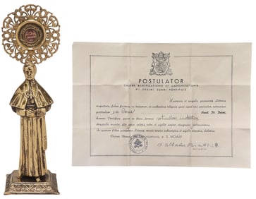 FIRST CLASS RELIC OF POPE PIUS X IN A RELIQUARY STATUETTE WITH COA