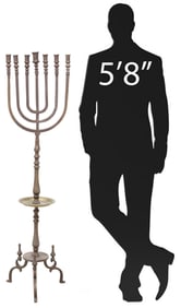 JUDAICA PATINATED METAL 7-BRANCH FLOOR MENORAH, 60.25"H