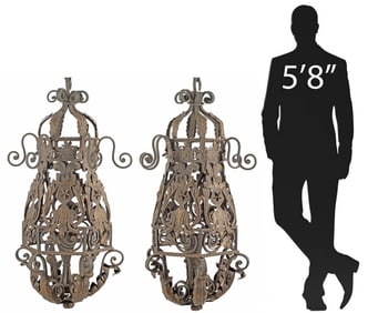 (2) LARGE WROUGHT IRON & TOLE HEXAGONAL LANTERNS, 50"H