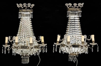 (2) ITALIAN EMPIRE STYLE SAC-A-PEARL CRYSTAL 4-LT WALL SCONCES