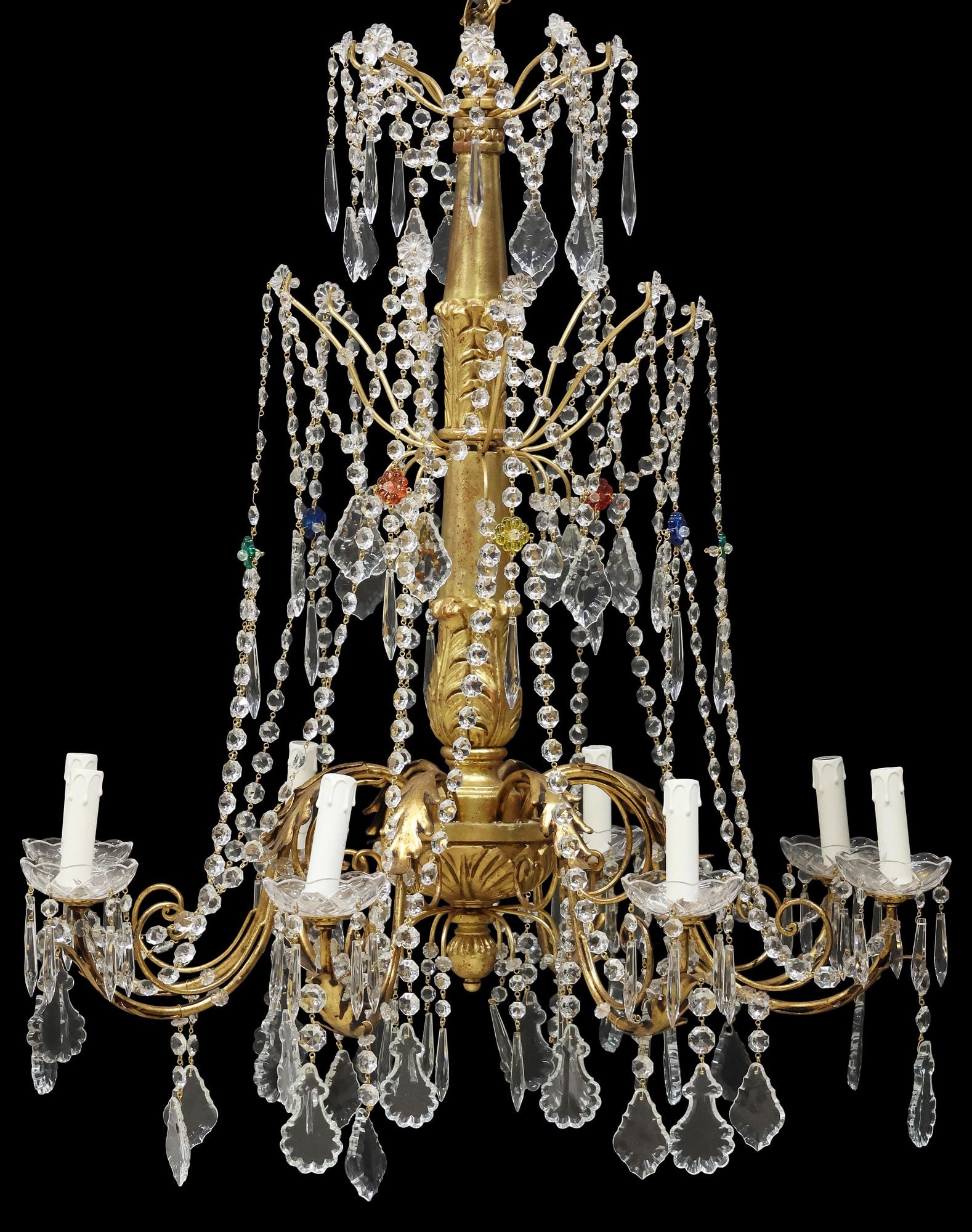 ITALIAN GILTWOOD & COLORED CRYSTAL 8-LIGHT CHANDELIER (1 of 4)