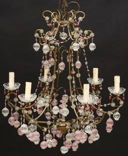 ITALIAN MURANO GLASS & CRYSTAL BEADED 6-LIGHT CHANDELIER: Italian Muran glass and gilt metal&nbsp;six-light chandelier, early 20th c., scrolled frame hung with crystal and red glass beadwork over&nbsp;central fountain-form finial,&nbsp;issuing six arms hung
