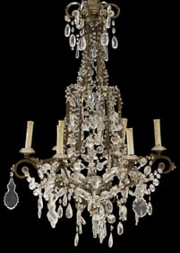 ITALIAN GILT METAL & CRYSTAL SCROLLED 6-LIGHT CHANDELIER