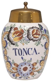 DUTCH DELFT POLYCHROME PAINTED TIN-GLAZED TOBACCO JAR