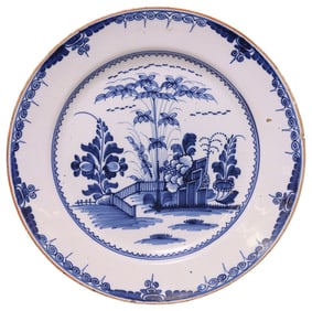 DUTCH DELFT CHINOISERIE BLUE & WHITE LANDSCAPE SCENE CHARGER, 18TH C.