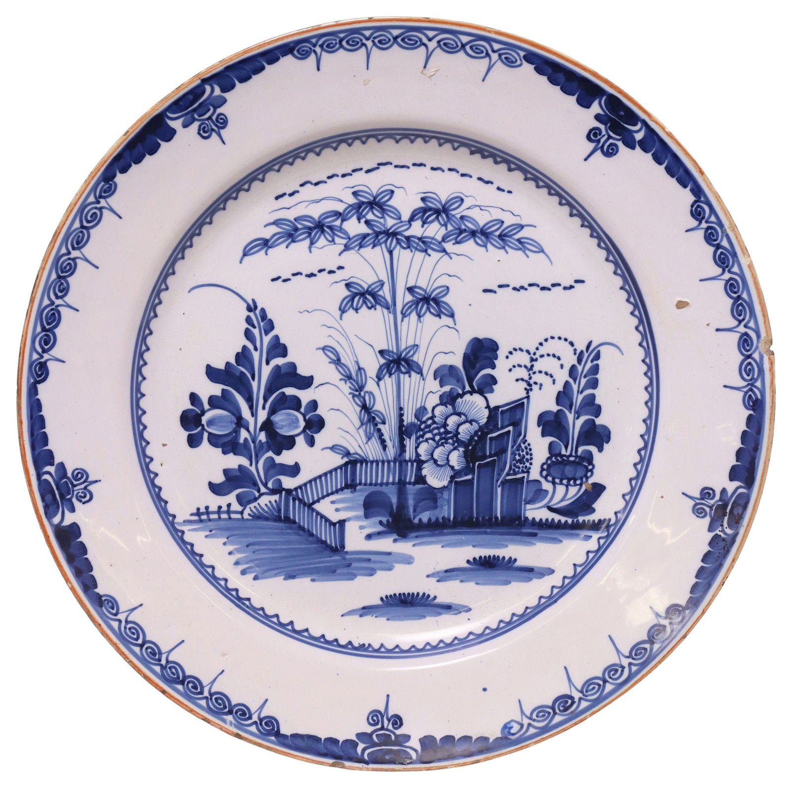 DUTCH DELFT CHINOISERIE BLUE & WHITE LANDSCAPE SCENE CHARGER, 18TH C. (1 of 2)