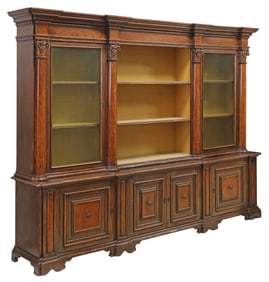 ITALIAN BAROQUE STYLE GLAZED FIGURED WALNUT BOOKCASE
