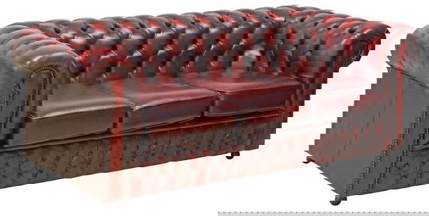 ENGLISH BUTTONED BURGUNDY LEATHER CHESTERFIELD SOFA: English Chesterfield sofa, late 20th c., oxblood leather upholstery, button-tufted back and rolled arms, trimmed with brass nail-heads, three loose seat cushions, on ball casters, approx 27&quot;h, 73