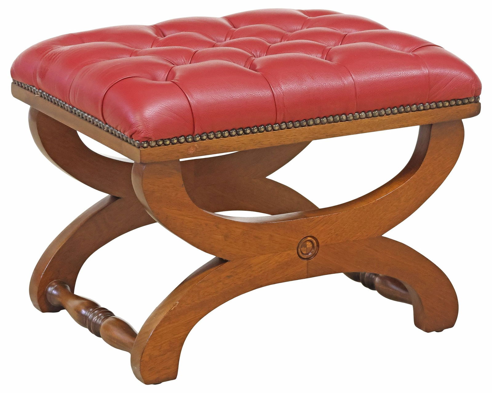 ENGLISH BUTTONED BURGUNDY LEATHER HAMLET STOOL (1 of 4)