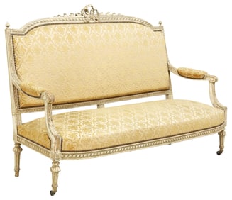 FRENCH LOUIS XVI STYLE PAINTED & UPHOLSTERED SALON SETTEE