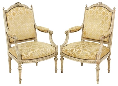 (2) FRENCH LOUIS XVI STYLE PAINTED & UPHOLSTERED FAUTEUILS