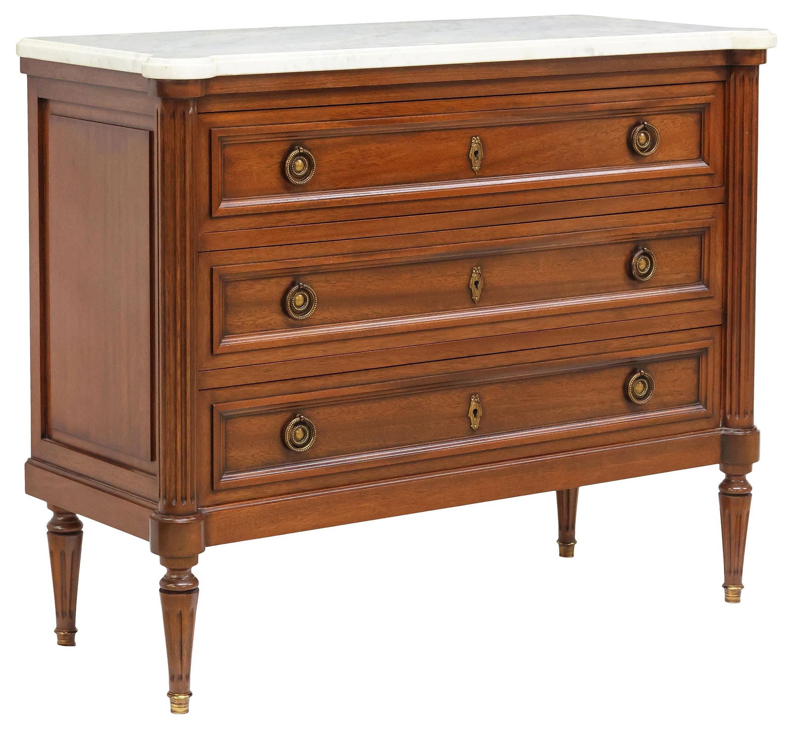 FRENCH LOUIS XVI STYLE MARBLE-TOP MAHOGANY COMMODE: French Louis XVI style mahogany commode, 20th c., shaped marble top, above three drawers, on tapering fluted legs, approx 32.5"h, 40.25"w, 17"d