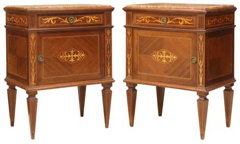 (2) ITALIAN NEOCLASSICAL STYLE MARBLE-TOP INLAID BEDSIDE CABINETS