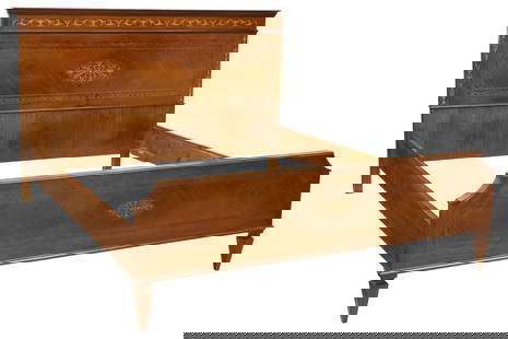 ITALIAN NEOCLASSICAL STYLE MARQUETRY & PARQUETRY BED: Italian Neoclassical&nbsp;style matched veneer&nbsp;bed, in the manner of Giuseppe Maggiolini (Italian, 1738-1814), 20th c., inlaid throughout with parquetry trim and stringwork, framing central scrol