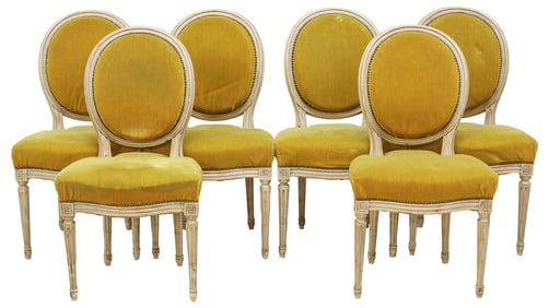 (6) FRENCH LOUIS XVI STYLE PAINTED & UPHOLSTERED DINING CHAIRS