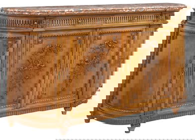 LOUIS XVI STYLE MARBLE-TOP CARVED WALNUT DEMILUNE SIDEBOARD