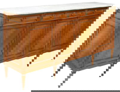 FRENCH LOUIS XVI STYLE MARBLE-TOP MAHOGANY SIDEBOARD: French Louis XVI style mahogany sideboard, early 20th c., having shaped marble top, over four drawers, and four cabinet doors revealing interior adjustable-height shelving, banded patinated metal trim