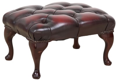 ENGLISH QUEEN ANNE STYLE TUFTED OXBLOOD LEATHER OTTOMAN