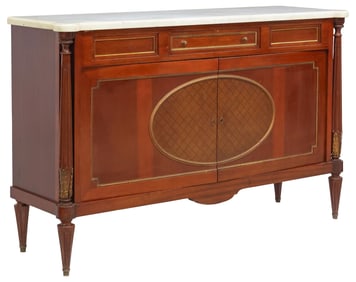LOUIS XVI STYLE MARBLE-TOP MAHOGANY PARQUETRY SIDEBOARD