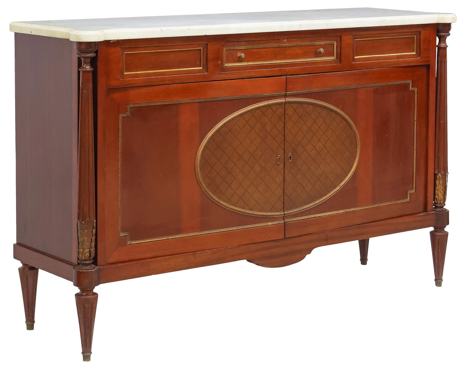 LOUIS XVI STYLE MARBLE-TOP MAHOGANY PARQUETRY SIDEBOARD: Louis XVI style mahogany sideboard, 20th c., shaped marble top over conforming case with protruding columnar posts, fitted with single drawer, above dual cabinet doors with quilted diamond patter