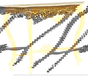 ITALIAN LOUIS XV STYLE ONYX-TOP GILTWOOD CONSOLE TABLE: Italian Louis XV style giltwood console table, 20th c., having shaped onyx top, over pierced scrolled apron, rising on cabriole legs, joined by X-stretcher with central floral vase motif, ending on wh