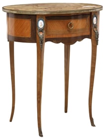 FRENCH LOUIS XV STYLE MARBLE-TOP MAHOGANY PORCELAIN-MOUNTED SIDE TABLE