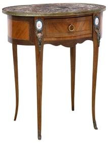 FRENCH LOUIS XV STYLE MARBLE-TOP MAHOGANY PORCELAIN-MOUNTED SIDE TABLE