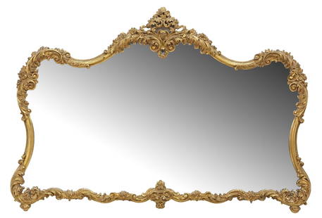ITALIAN BAROQUE STYLE GILTWOOD SCROLLED FOLIATE MIRROR: Italian Baroque style&nbsp;giltwood wall mirror, early 20th c., having&nbsp;scrolled foliate frame with beaded trim, encasing flat mirror plate, approx 38 1/8&quot;h, 53 7/8&quot;w, 39lbs
