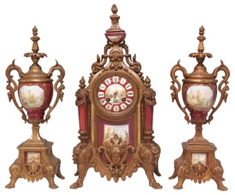 (3) CONTINENTAL GILT METAL & PORCELAIN MANTEL CLOCK & GARNITURE SET