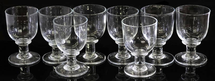 (8) SIMON PIERCE 'ESSEX' CRYSTAL WATER GOBLETS: (lot of 8) Simon Pearce handblown "Essex" water goblets, wide basin raised on a bold stem, ending on a thick round foot, etched maker mark underfoot, approx 6.75"h, 4 1/8"diam, 11lbs total