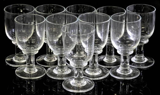 (10) SIMON PIERCE 'ESSEX' CRYSTAL CLARET WINE GLASSES: (lot of 10) Simon Pearce handblown&nbsp;&quot;Essex&quot; claret wine glasses, wide basin raised on a bold stem, ending on a thick round foot, etched maker mark underfoot, approx 6.25&quot;h, 3.25&quo