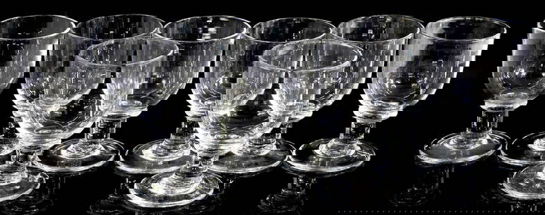 (8) SIMON PIERCE 'ESSEX' CRYSTAL WATER GOBLETS: (lot of 8) Simon Pearce handblown "Essex" water goblets, wide basin raised on a bold stem, ending on a thick round foot, etched maker mark underfoot, approx 6.75"h, 4 1/8"diam, 11lbs total