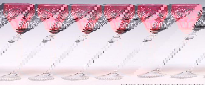 (6) BOHEMIAN CRANBERRY-FLASH CUT-GLASS HOCK WINE STEMS