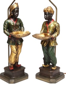 (2) ORIENTALIST STYLE POLYCHROME PAINTED FIGURAL 1LT TABLE LAMPS, 25.5"H