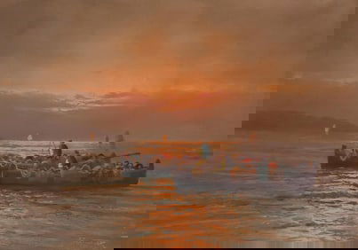 REMO TESTA (ITALIAN, 20TH C.) PAINTING, FISHING BOATS AT SUNRISE, 20" X 28"