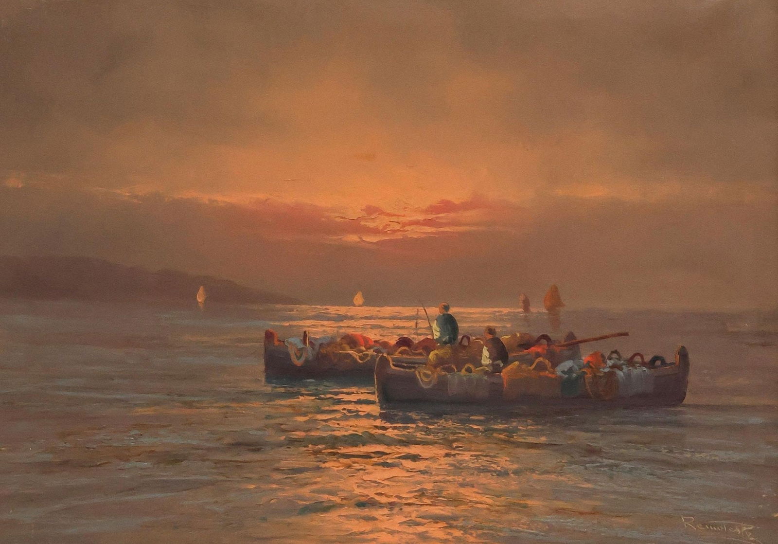 REMO TESTA (ITALIAN, 20TH C.) PAINTING, FISHING BOATS AT SUNRISE, 20" X 28" (1 of 4)