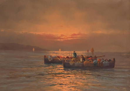 REMO TESTA (ITALIAN, 20TH C.) PAINTING, FISHING BOATS AT SUNRISE, 20" X 28": Framed Italian School oil on canvas painting, Fishing Boats at Sunrise, signed lower right Remo Testa (Italian, 20th c.), sight: approx 19.25&quot;h, 27.25&quot;w, overall: 28&quot;h, 36&quot;w, 10lbs