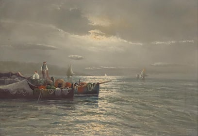 REMO TESTA (ITALIAN, 20TH C.) PAINTING, FISHING BOATS AT SEA, 20" X 28"